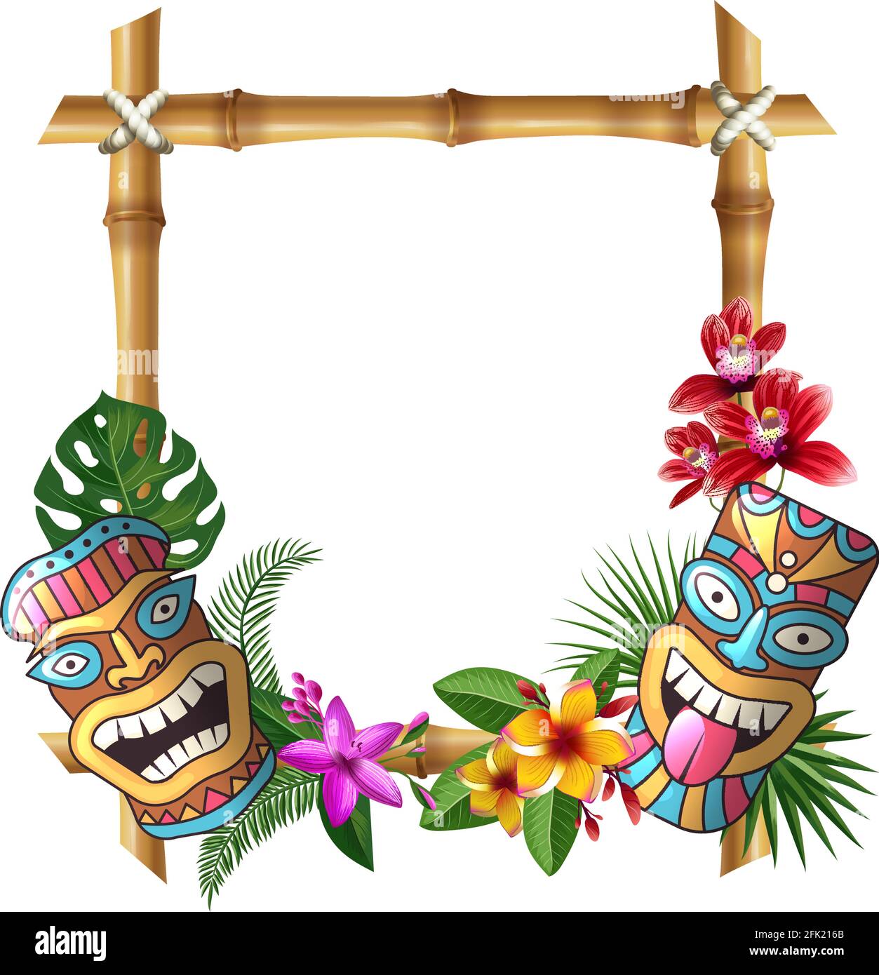 Tiki mask and frame. Hawaii authentic background bamboo square sticks exotic flowers and plants wooden totem vector cultural object Stock Vector