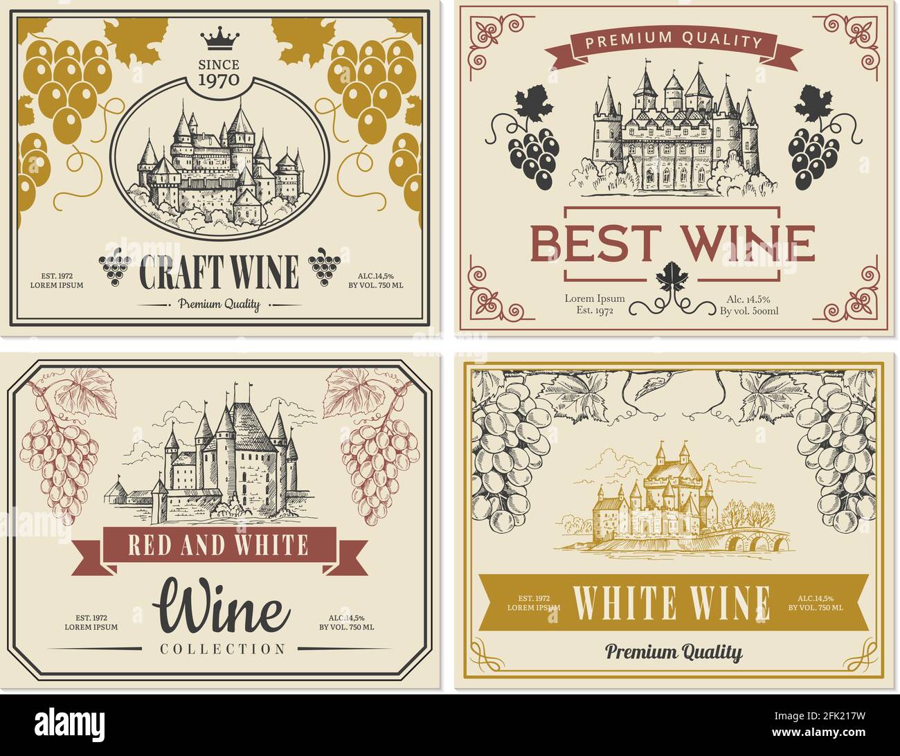 Wine labels. Vintage images for labels old medieval castles and towers architectural objects vector template Stock Vector