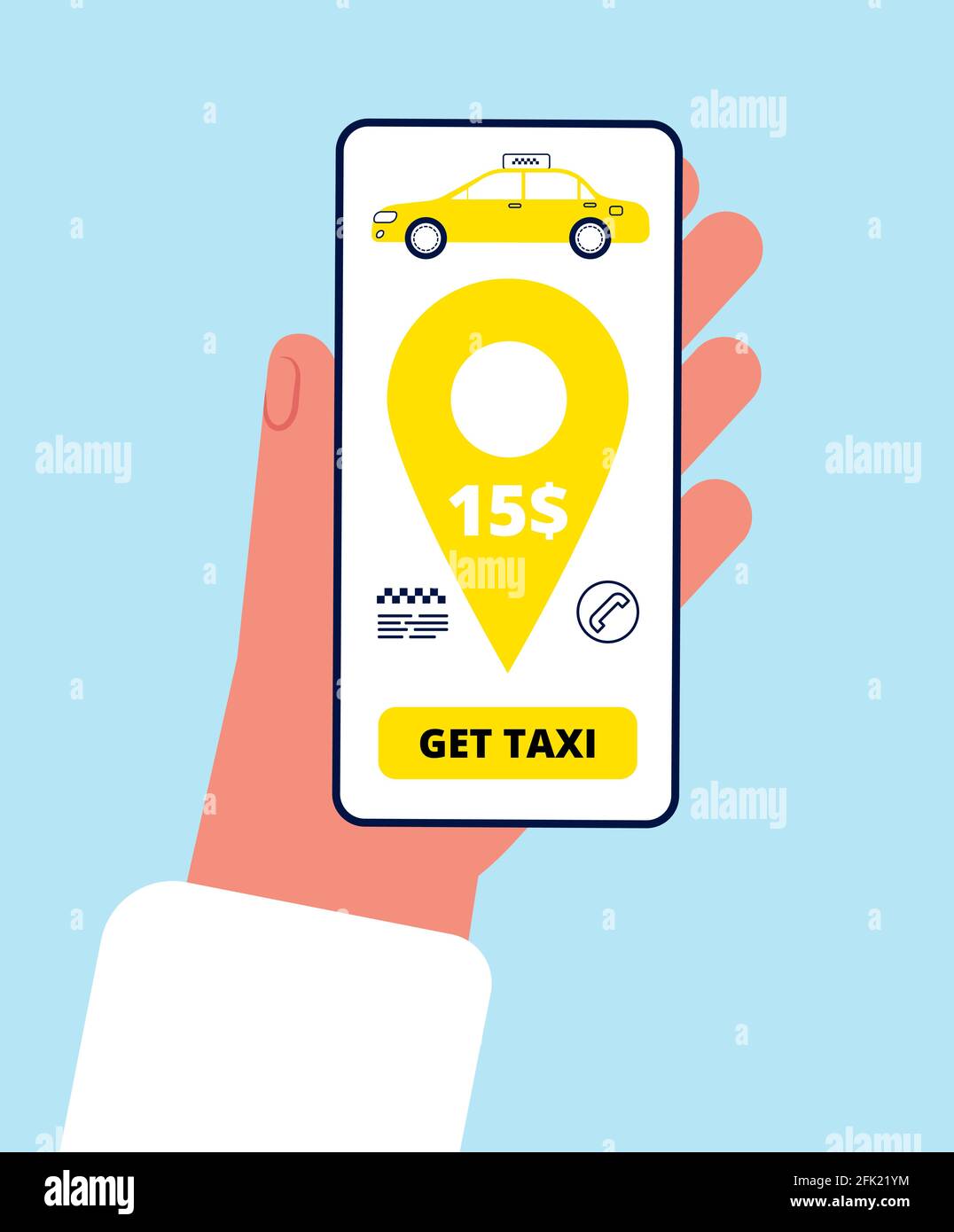 Taxi order online. Smartphone app hand holding telephone and press button to call taxi application vector concept Stock Vector