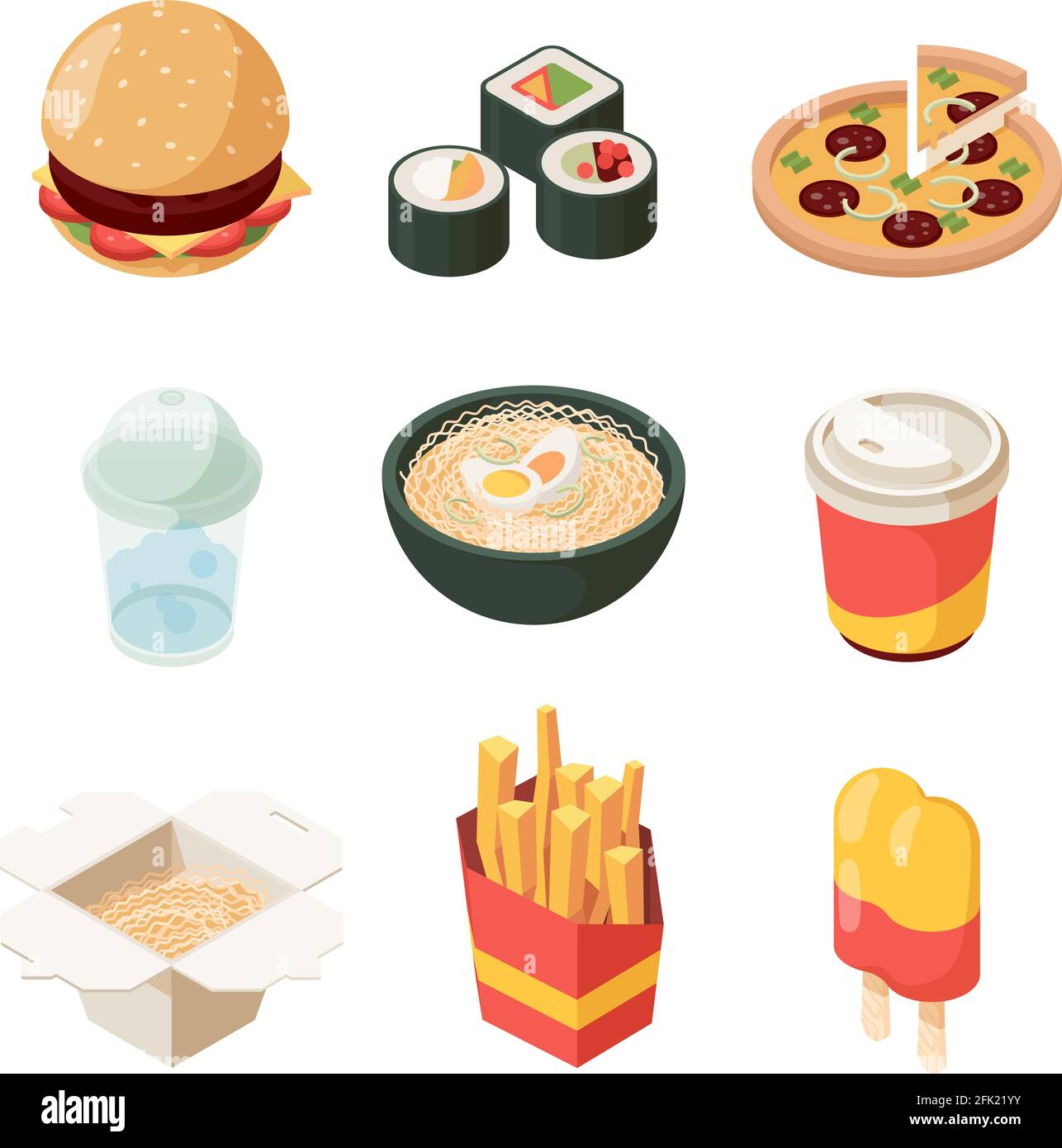 Junk food. Unhealthy products burger pizza hot dog fast food isometric