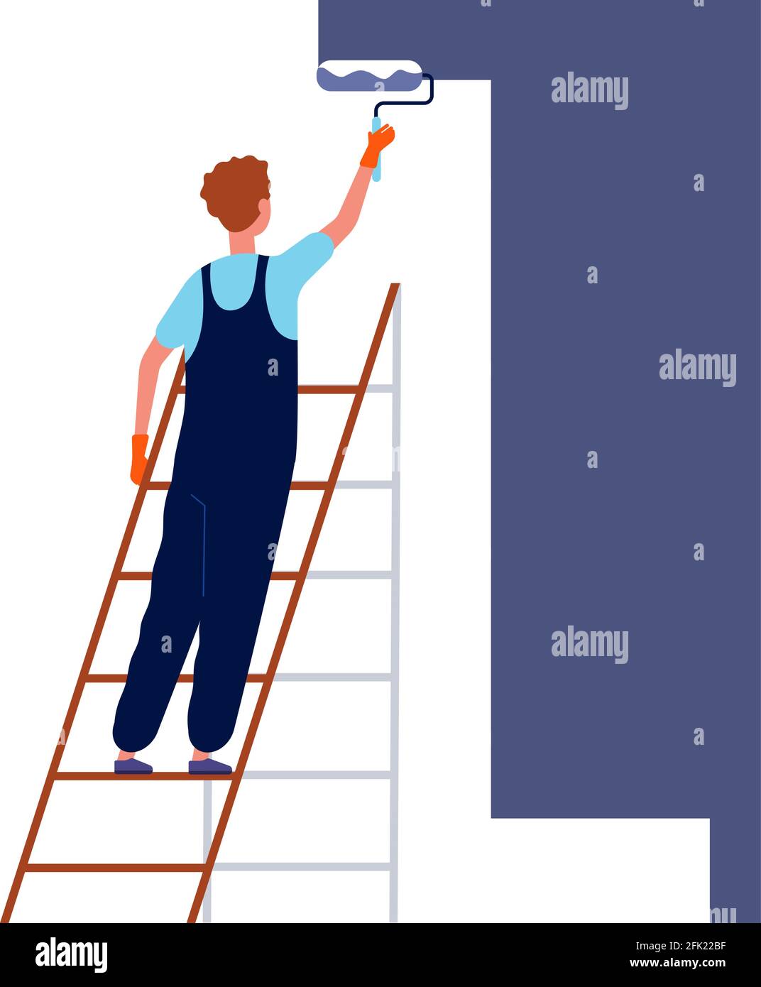 Worker painting wall. Home repair service man in special professional costume standing on ladder and painting renovation house room vector Stock Vector