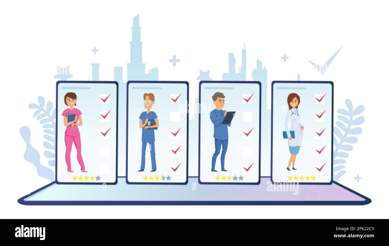 Choose doctor. Online ranking of doctors. Vector medical staff, online