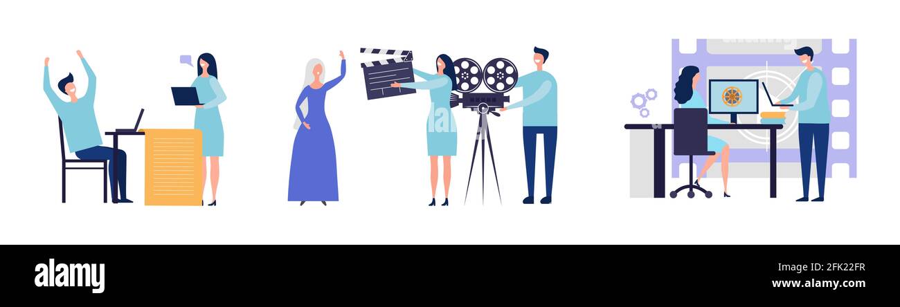 Movie production concept. Flat male female characters making film. Script, filming, post-production vector illustration Stock Vector