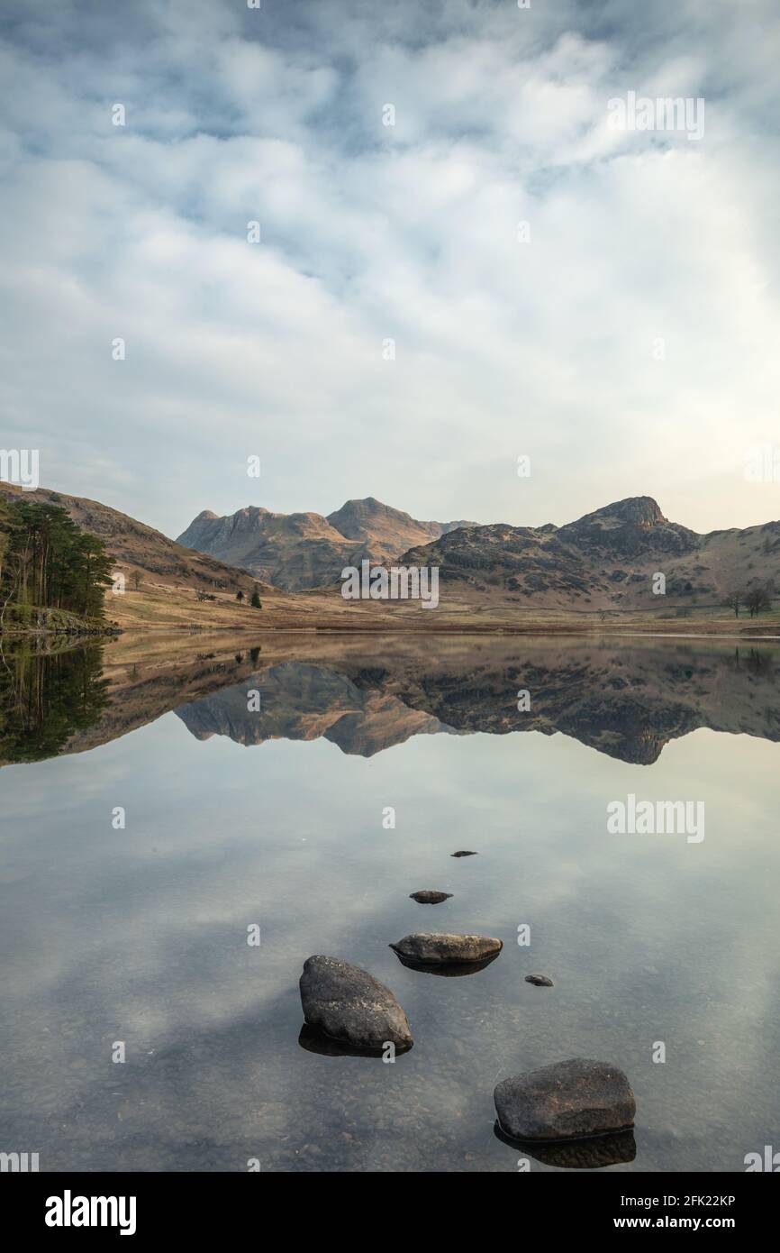 Perfect mirror-like reflections of the Langdale Pikes in Blea Tarn just after sunrise in spring Stock Photo