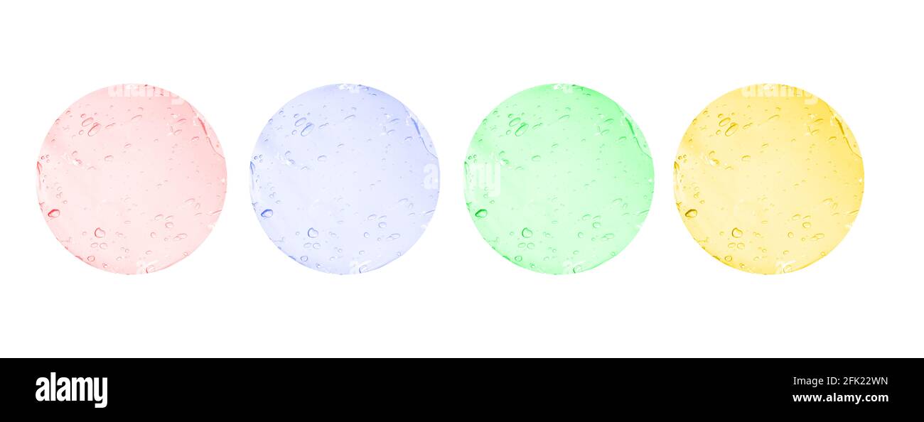 A set of swatches of liquid translucent cosmetic gel with bubbles of ...