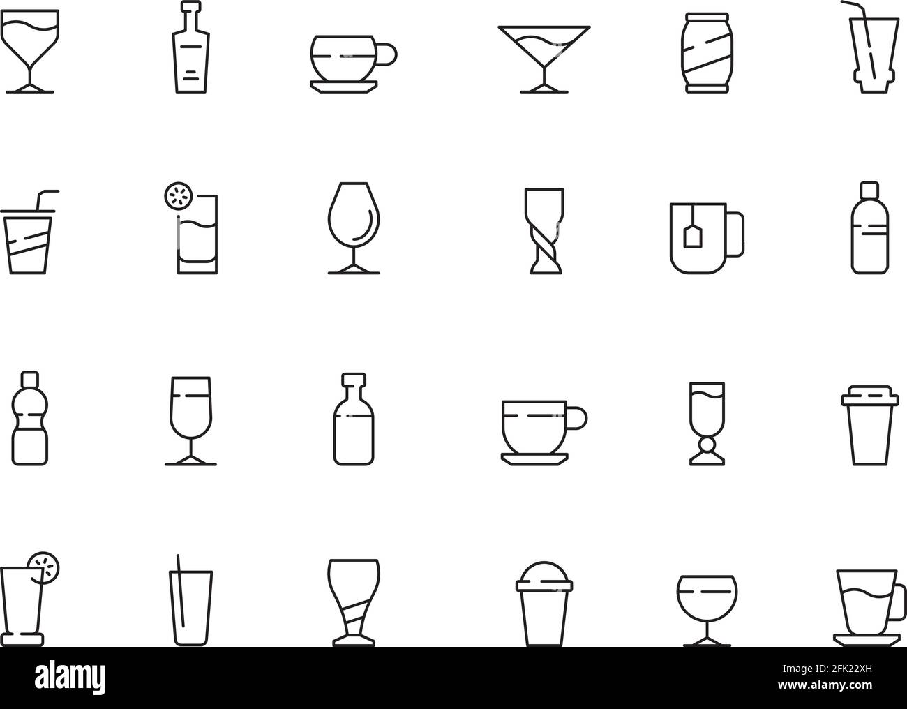 Drinks symbols. Cups and glasses of hot and cold drinks soda water coffee tea alcohol vector icons collection Stock Vector