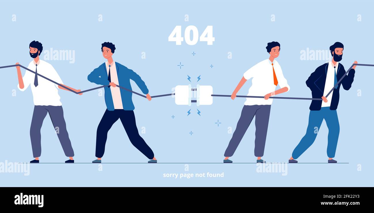 People disconnect plug. Business characters unplug connection system error angry persons vector flat pictures Stock Vector