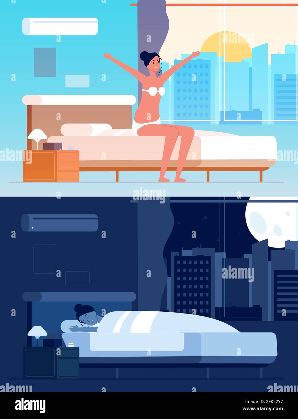 Girl wake up. Female character sleeping in bed morning waking vector cartoon character Stock Vector
