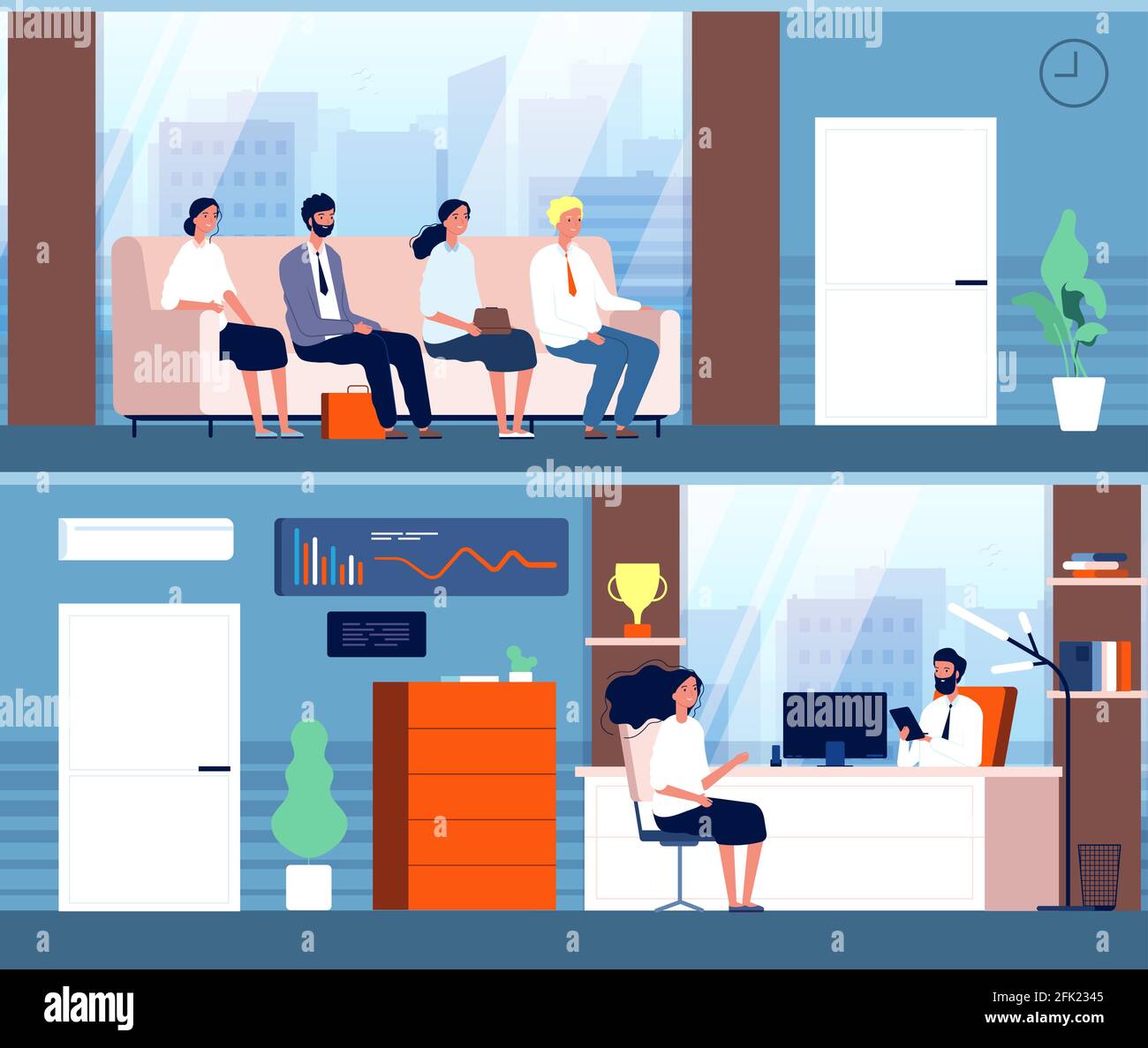 Business interview. Characters sitting in corridor waiting employees recruitment persons vector flat illustrations Stock Vector