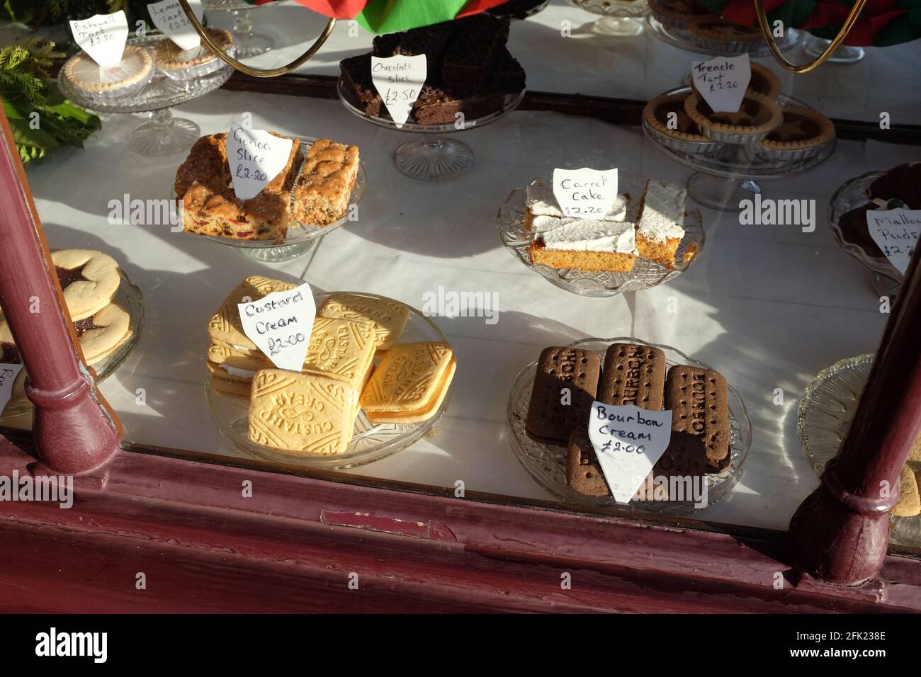 Cakes for sale in the window of the bakery at the Black Country Museum