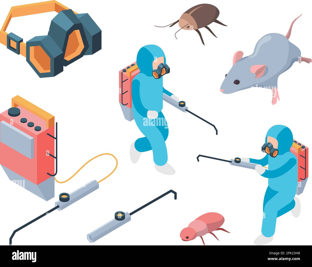 Pest destruction. Fumigation poison controlling pest insects service vector isometric Stock Vector