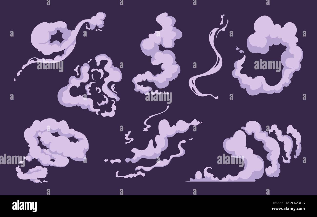 Comic smoke. Cartoon smell explosion vfx clouds of wind vector set Stock Vector