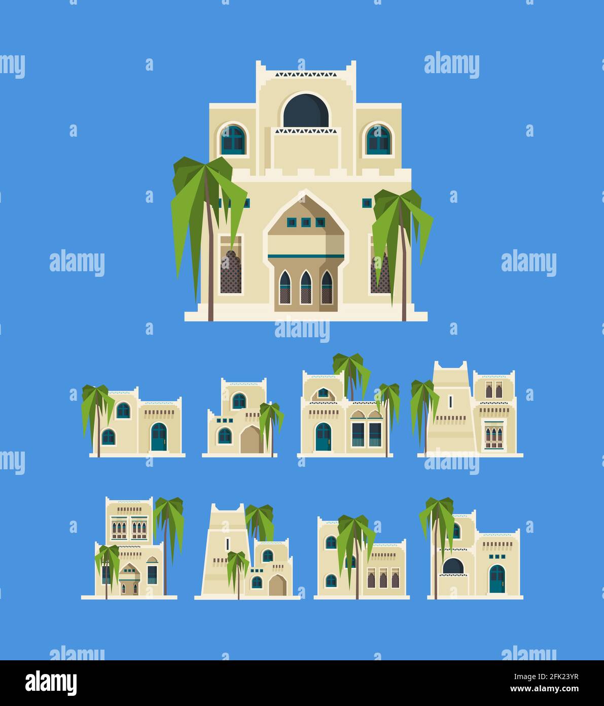 Desert arabic buildings. Egypt antique old traditional houses brick architectural objects old homes vector Stock Vector