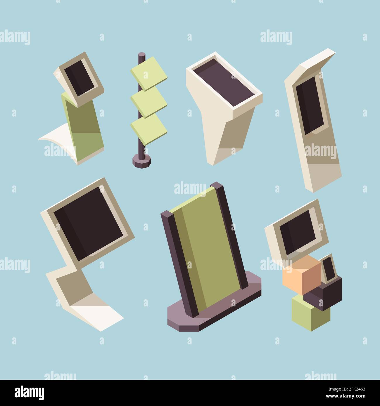 Exhibition stand. Advertising market shelves and desks vector isometric mockup collection Stock