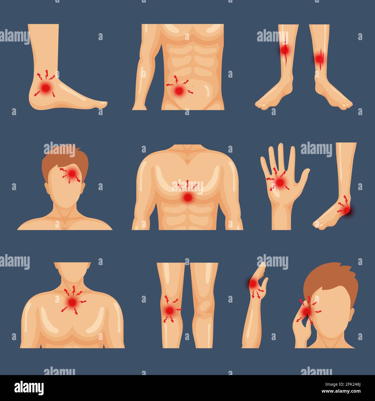 Physical injury. Body parts shoulders trauma pain legs healthy lifestyle flat symbols vector Stock Vector