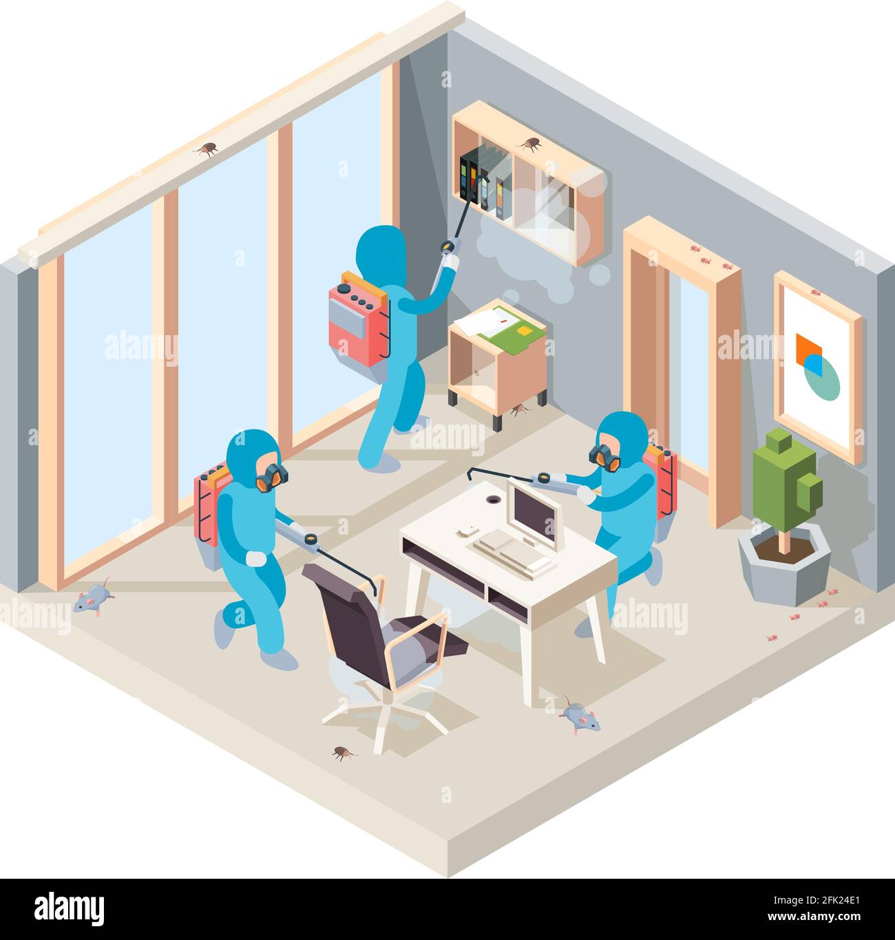Office disinfection. Pest poison cleaning service working in room insects controlling vector isometric concept Stock Vector