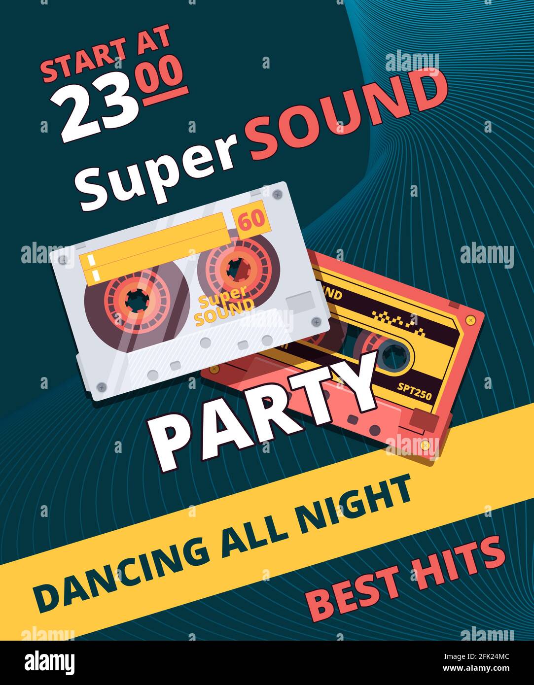 Retro party poster. Music night 90s dance time audio tape cassette vector placard design Stock Vector