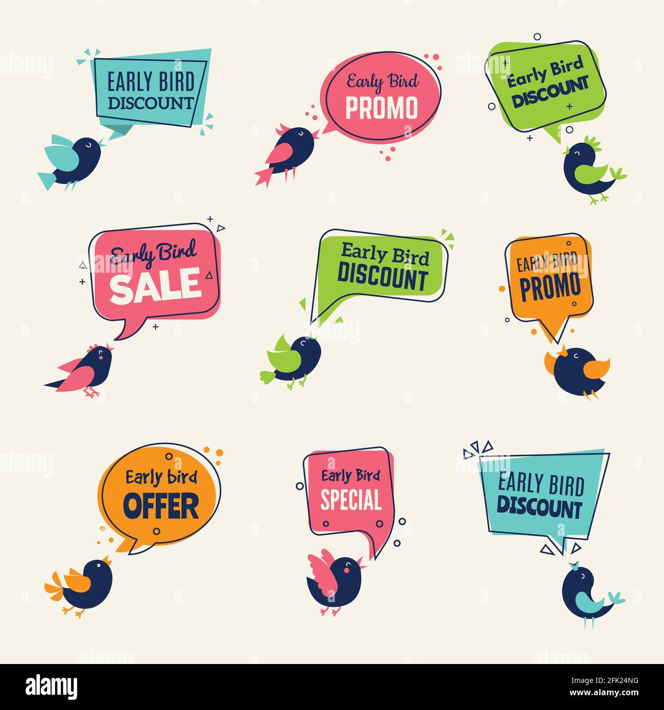 Early bird. Special offers badges discounts labels with birds vector advertising signs collection Stock Vector
