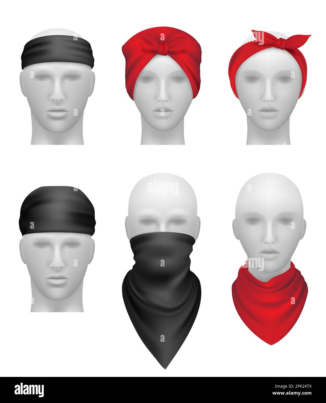 Bandanas set. Stylish clothes for bikers and gangsters mannequin head vector realistic Stock Vector