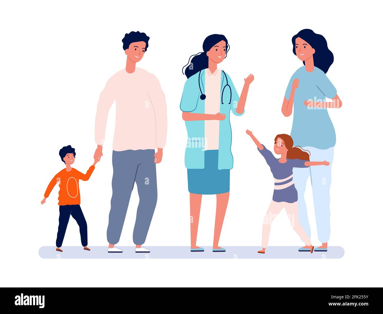 Family doctor. Pediatrician, parents with children. Girl and boy joyful  doctor. Pediatrics, people in hospital vectot illustration Stock Vector  Image & Art - Alamy