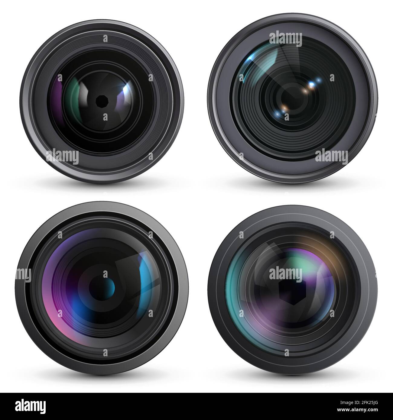 Optical lens realistic. Photo camera digital zoom aim photo reflection detail macro equipment vector collection Stock Vector