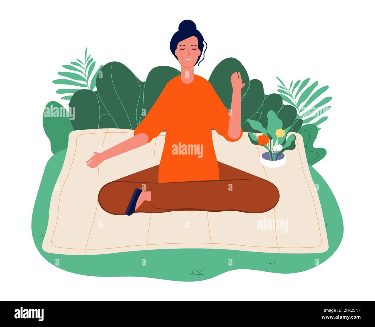Meditation concept. Relaxing outdoor yoga, woman sitting on nature and meditating. Mind and emotions control, wellbeing and contemplation vector Stock Vector