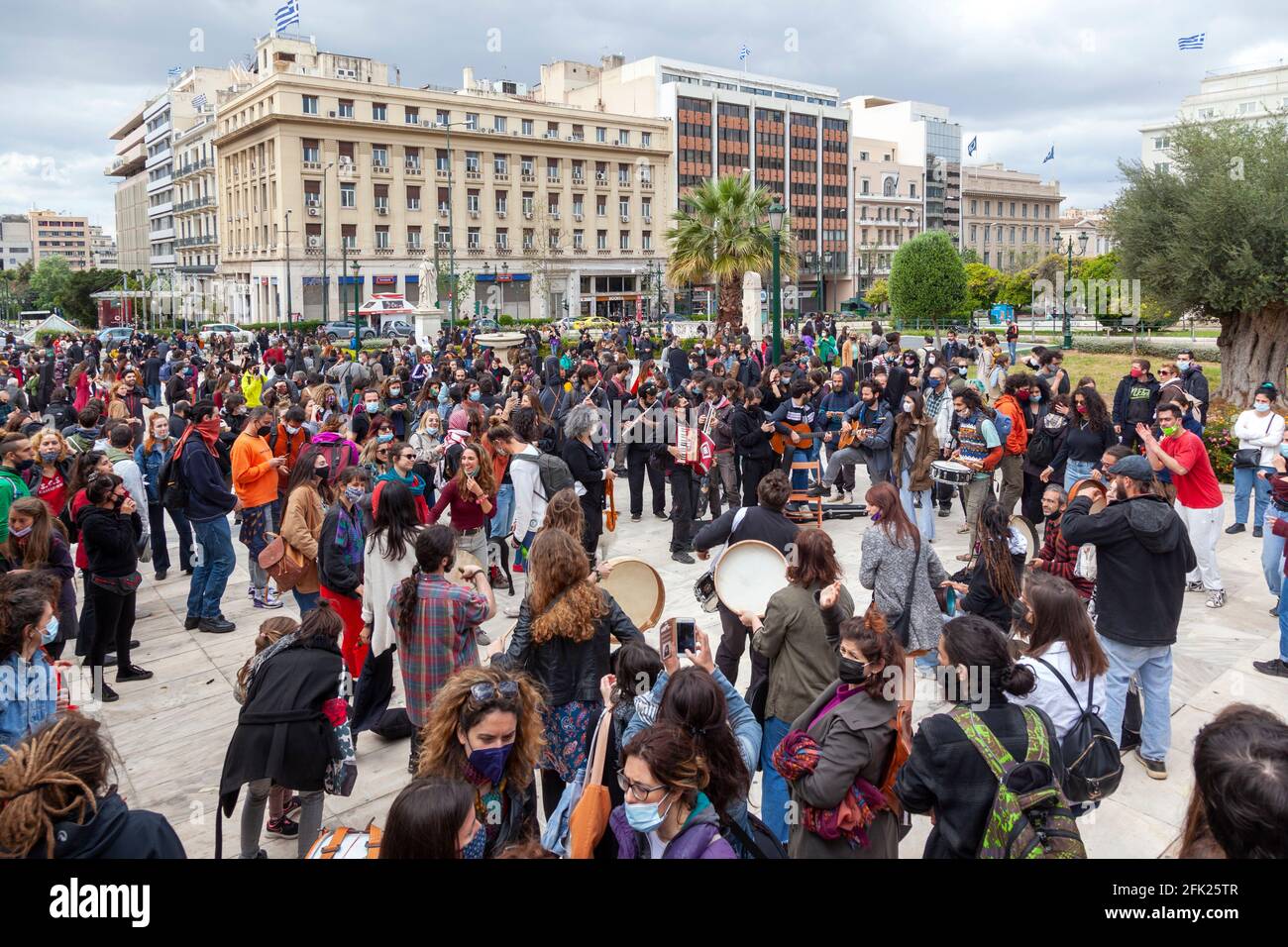 Protest in Athens, Greece, of the Support Art Workers movement, a manifestation by people of art, mostly musicians, during the coronavirus pandemic. Stock Photo