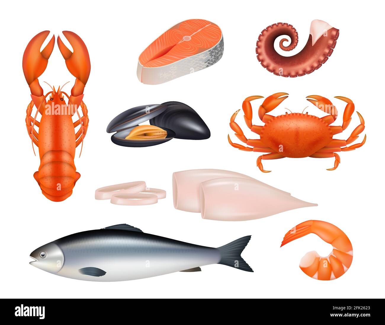 Seafood. Tuna meal fishes shrimps molluscs octopus crab vector