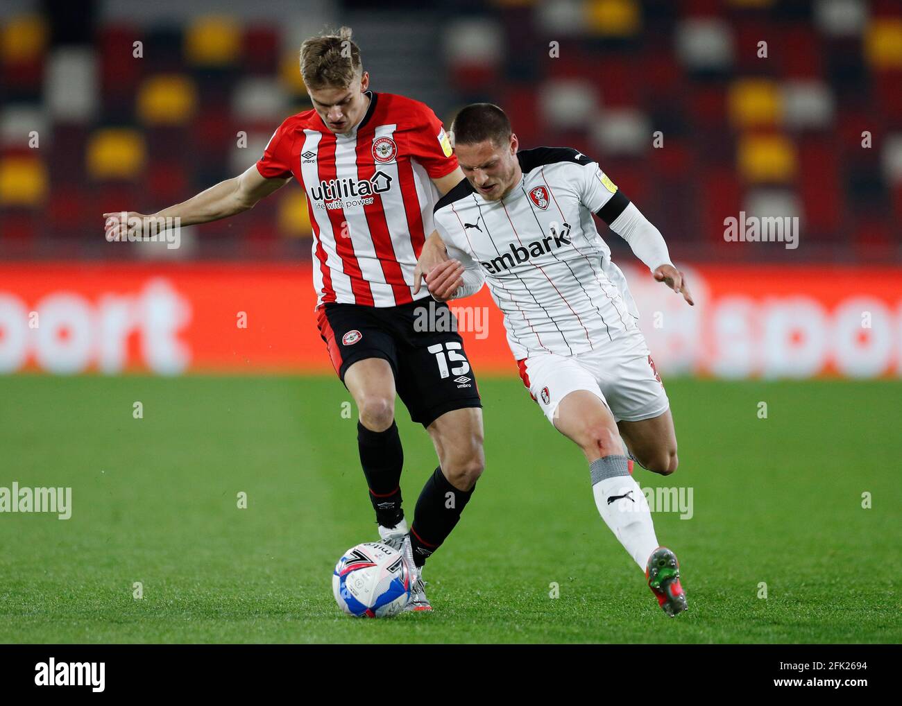 Brentford Community Stadium London Uk 27th Apr 2021 English Football League Championship Football Brentford Fc Versus Rotherham United Marcus Forss Of Brentford Challenged By Ben Wiles Of Rotherham United Credit Action Plus