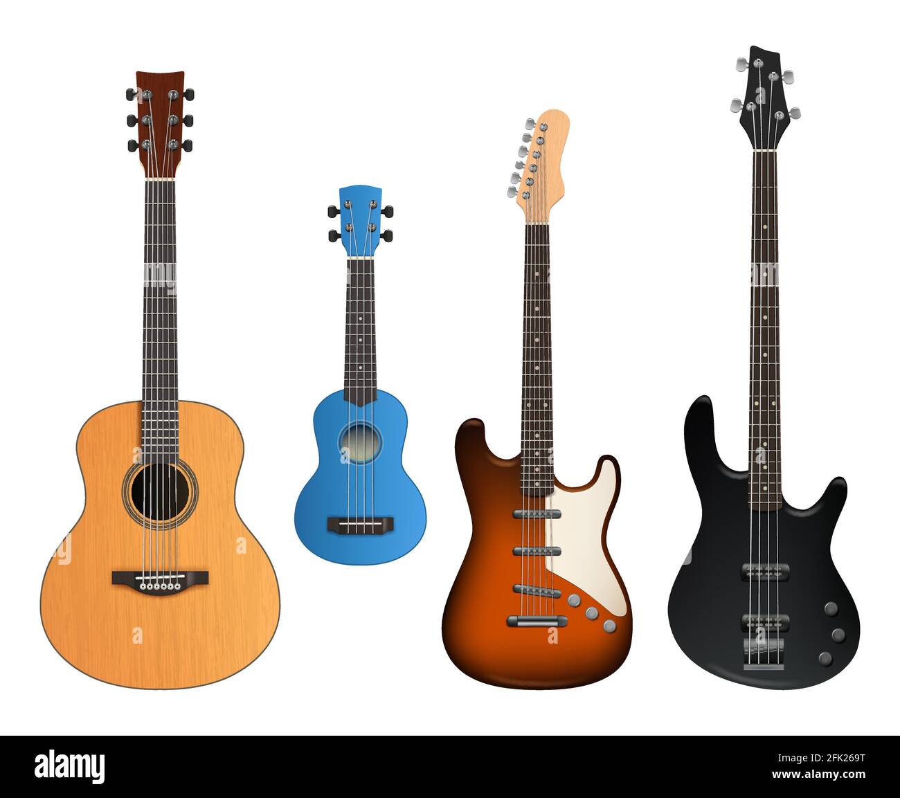 Guitars. Realistic musical instruments sound making items rock and