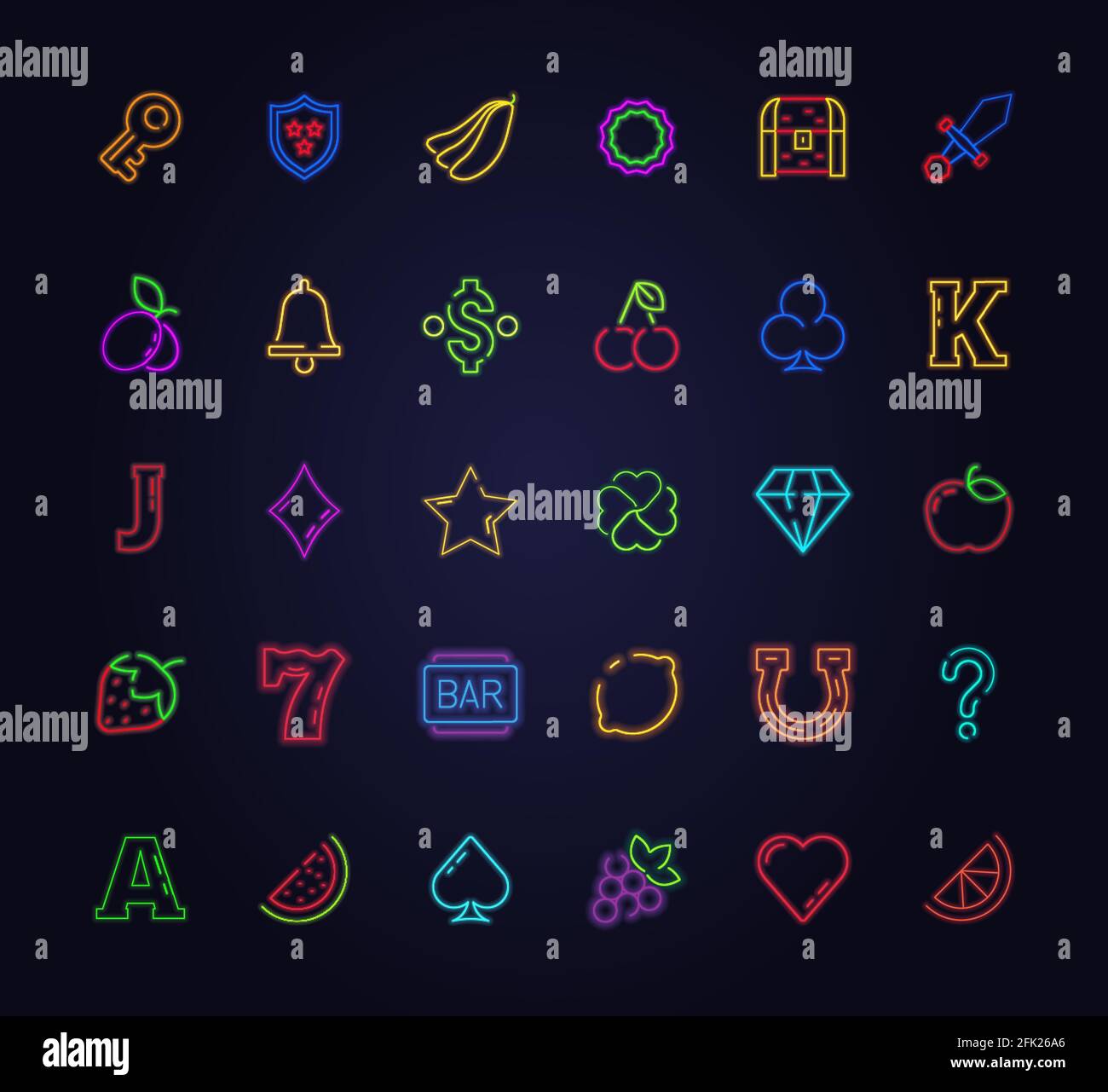 Neon slot machine icon. Lighting gambling game symbols playing lucky ...