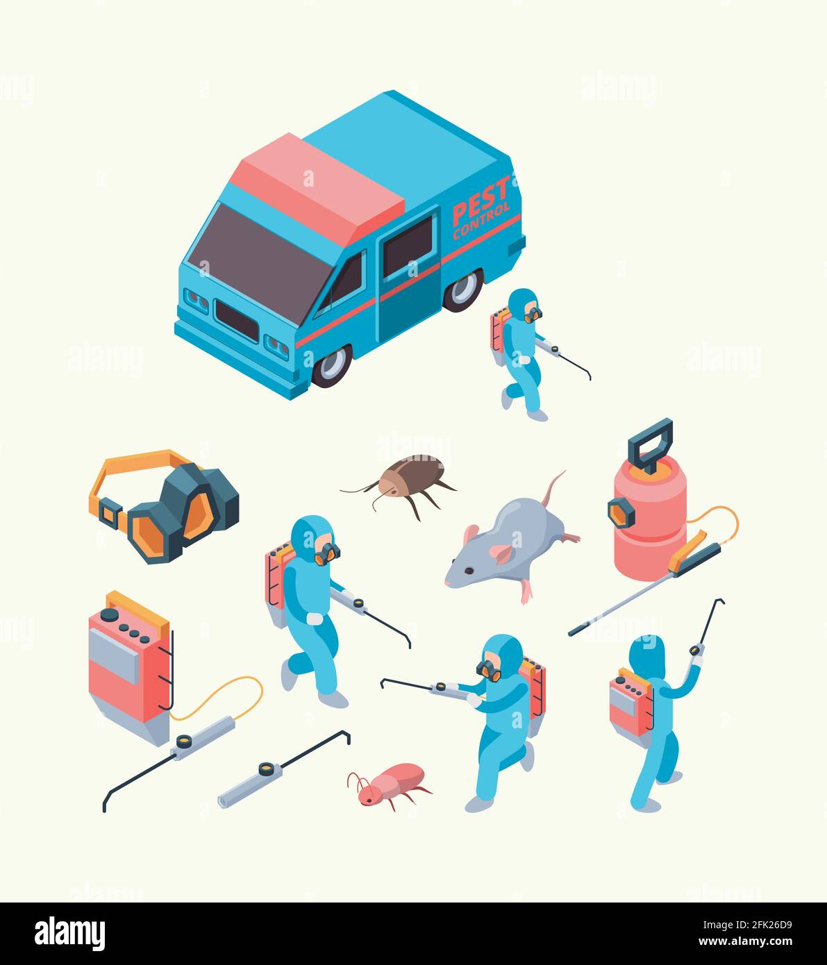 Pest examination. Insects dezinfection service chemical poison for pest control rodents extermination vector isometric set Stock Vector