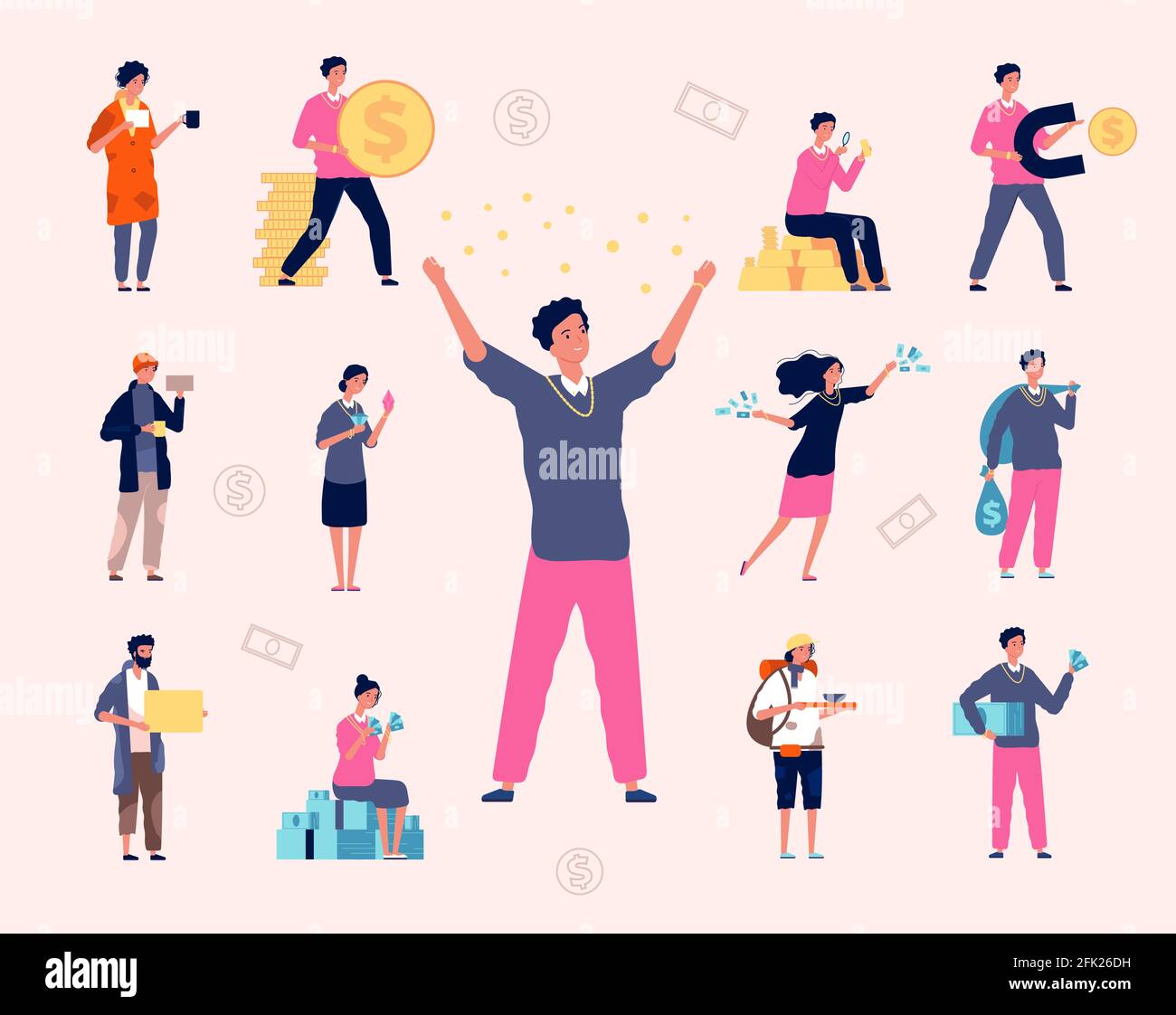 Homeless rich. Social problem sad and poor person happy characters with a lot of money luxury lifestyle vector characters Stock Vector