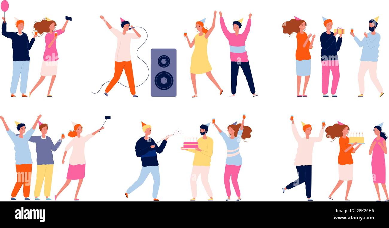 Party people. Friends at birthday celebrating dancing playing and eating have a fun vector characters Stock Vector