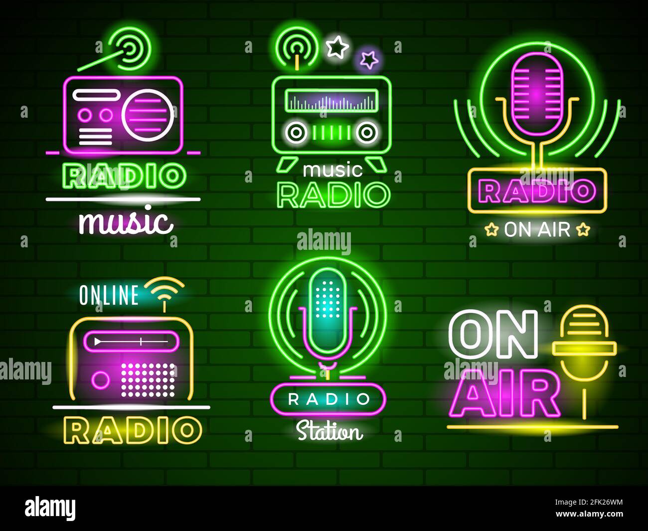 Radio glowing logo. Neon style colored business music broadcast emblem live  show vector ads Stock Vector Image & Art - Alamy