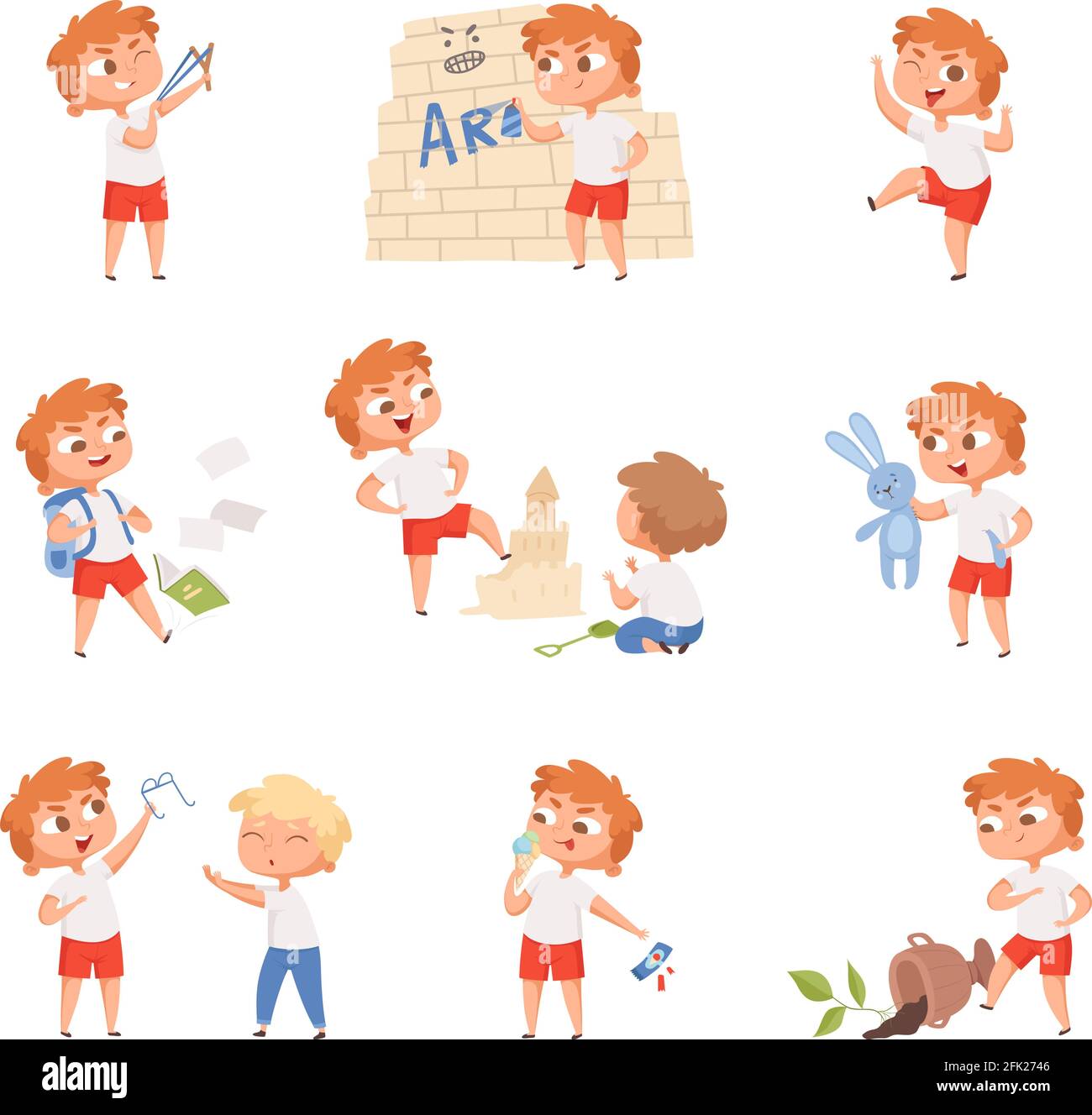 Bad behavior kids. School sad boys and girls angry devil little persons vector characters Stock Vector