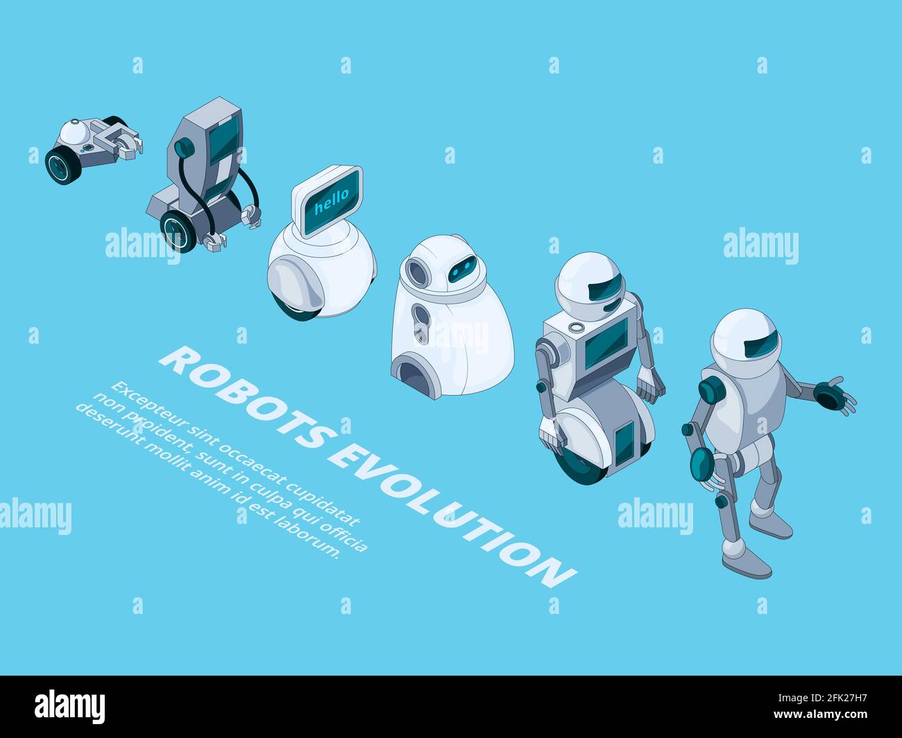 Robots evolution. Androids digital metal characters isometric robotic development vector Stock Vector