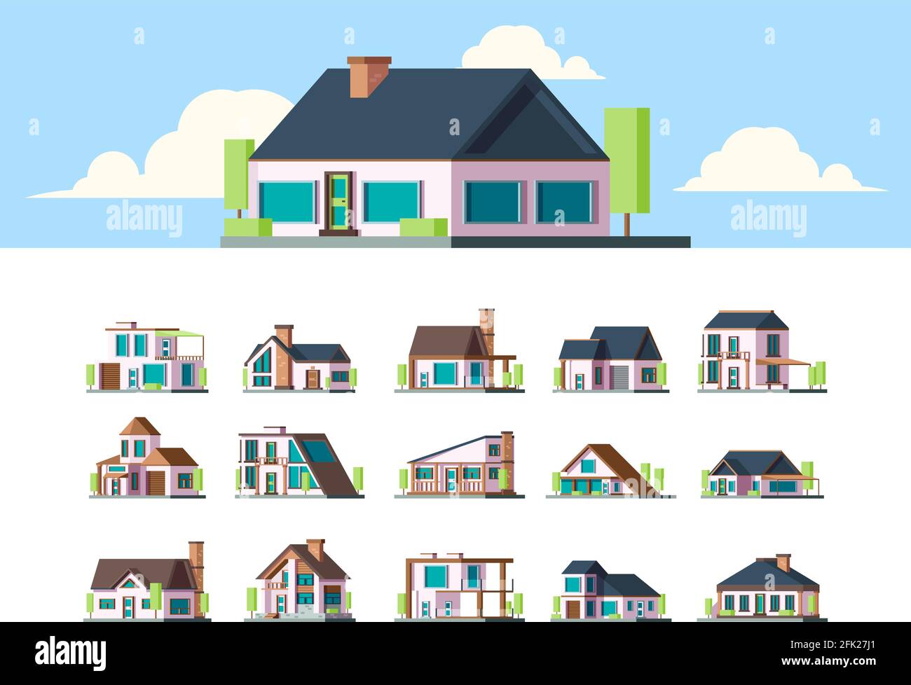 Residential houses. Suburban townhouse buildings countryside apartments flat property modern living exterior vector set Stock Vector