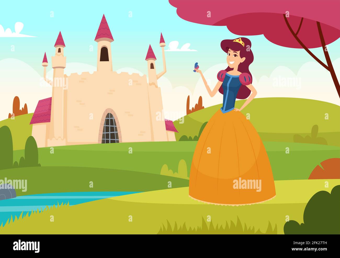 Fairytale background. Pretty young princess outdoor magic castle vector fantasy concept Stock Vector