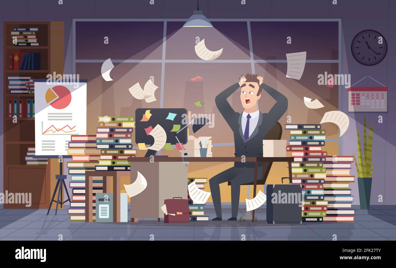 Busy businessman. Office manager hard work deadline stress chaos interior vector cartoon concept Stock Vector