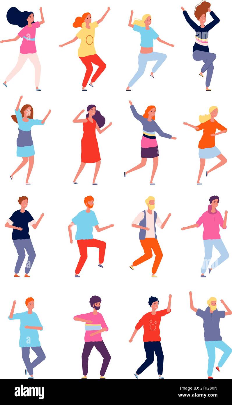 Dancing characters. Young persons in action poses at funny party vector characters flat style Stock Vector