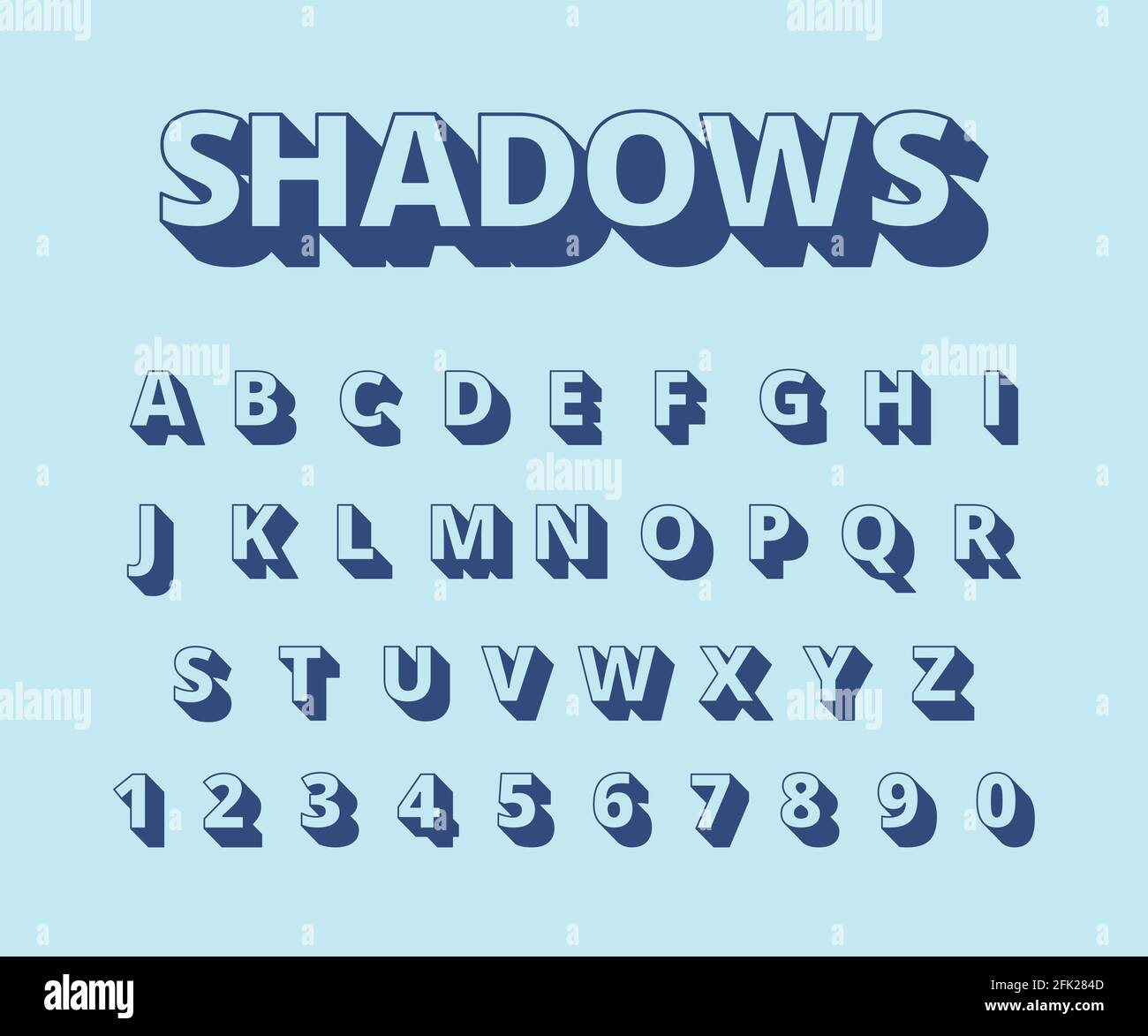 Letters long shadows. Alphabet with letters and numbers in retro style typography collection vector set Stock Vector