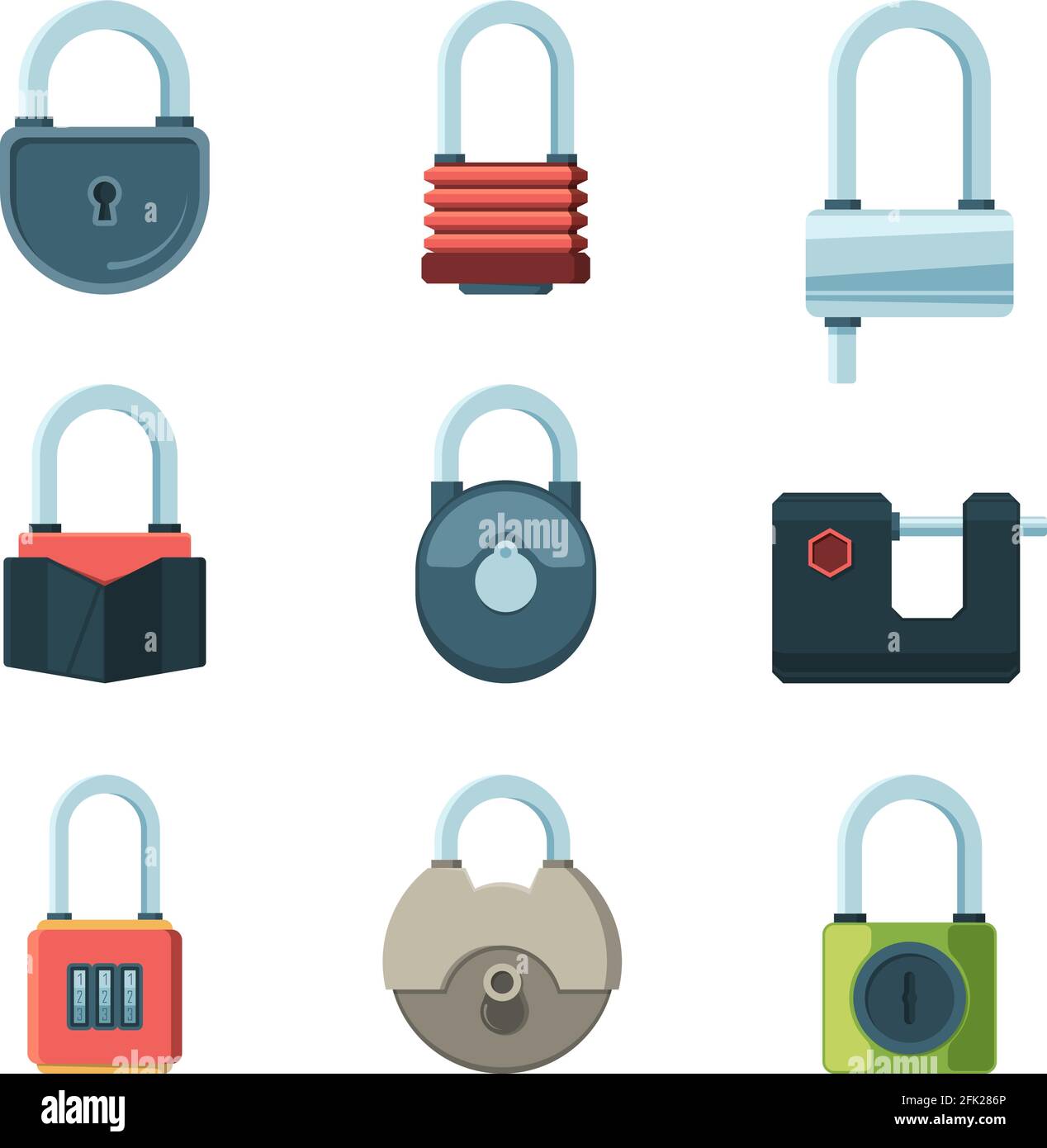 Mechanical lock. Padlock safety symbols vector flat pictures set Stock