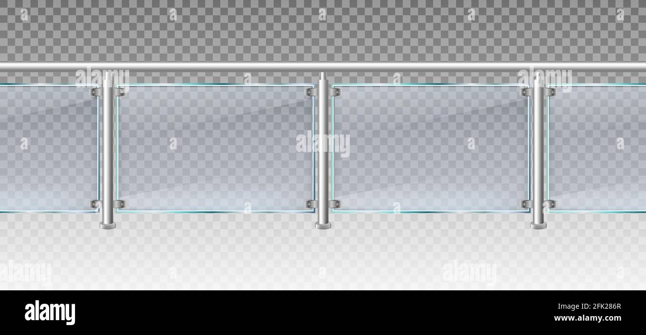 Realistic glass fence. Glass balustrade with metal railings, balcony or terrace plexiglass fencing 3d vector illustration. Glass balcony balustrade Stock Vector