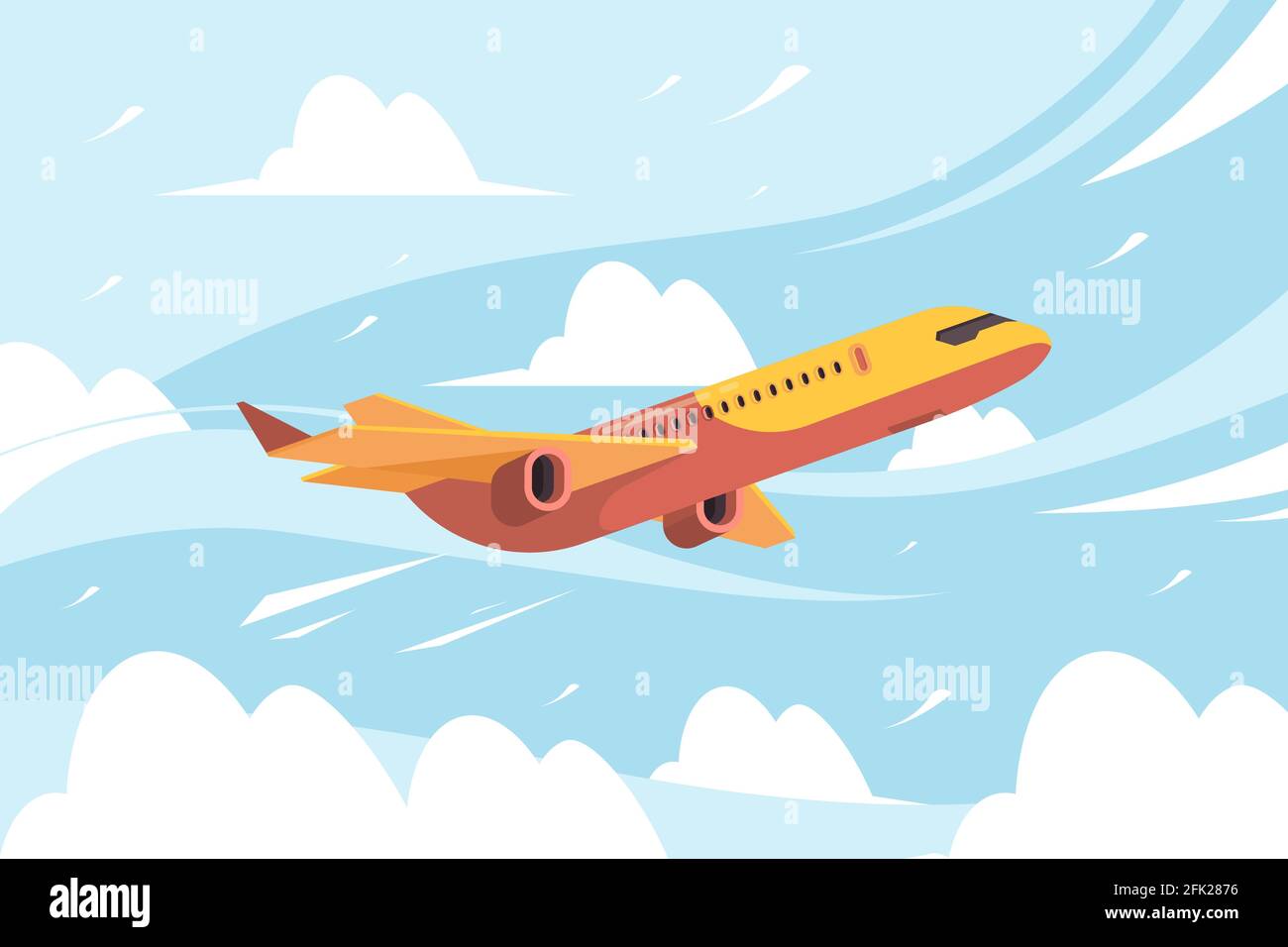 Airplane in sky. Flying civil aircraft transport in clouds vector flat background Stock Vector