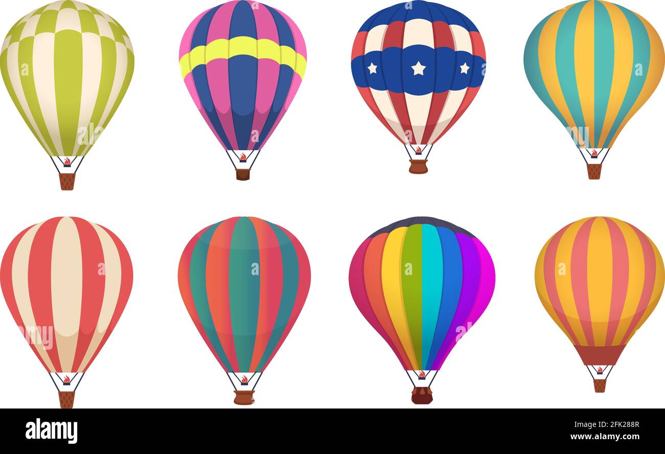 Hot air balloon. Colored aircraft transport with basket sky airing flight vector collection Stock Vector