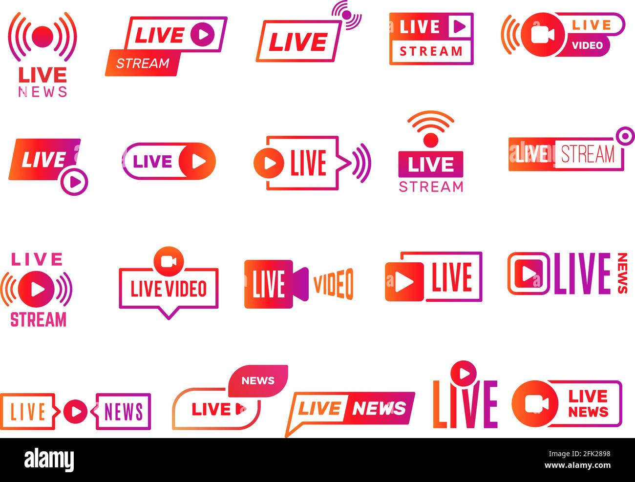 Live stream badges. Video broadcasting shows digital online text templates live news vector stickers collection Stock Vector