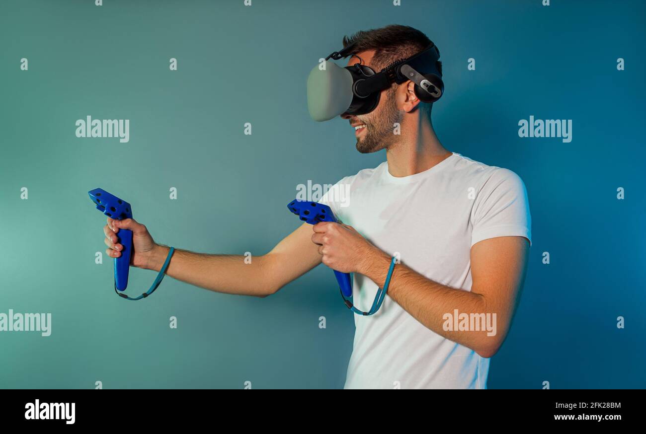 Man using a gaming gadget for virtual reality Stock Photo