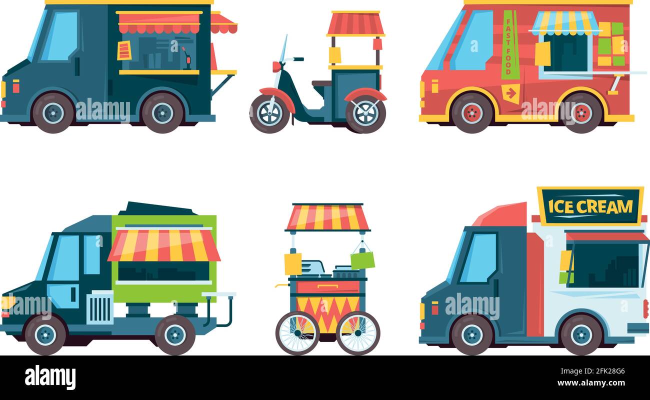 Food truck. Pushcart picking transport hawkers festival fast food vector collection flat pictures Stock Vector