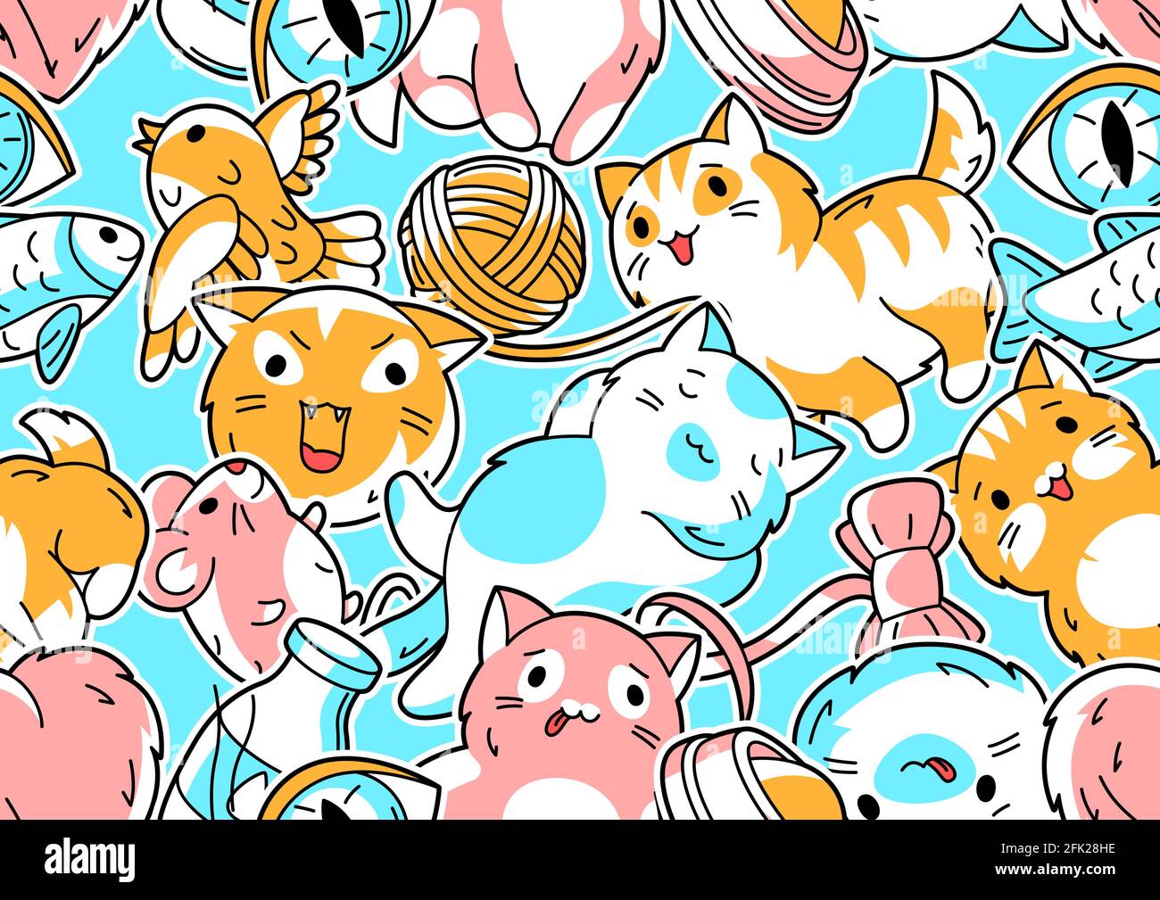 Seamless pattern with cute kawaii cats. Fun animal background Stock Vector  Image & Art - Alamy
